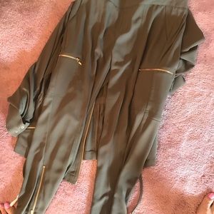 silk kaki top & bottom w/gold zippers on bottom.